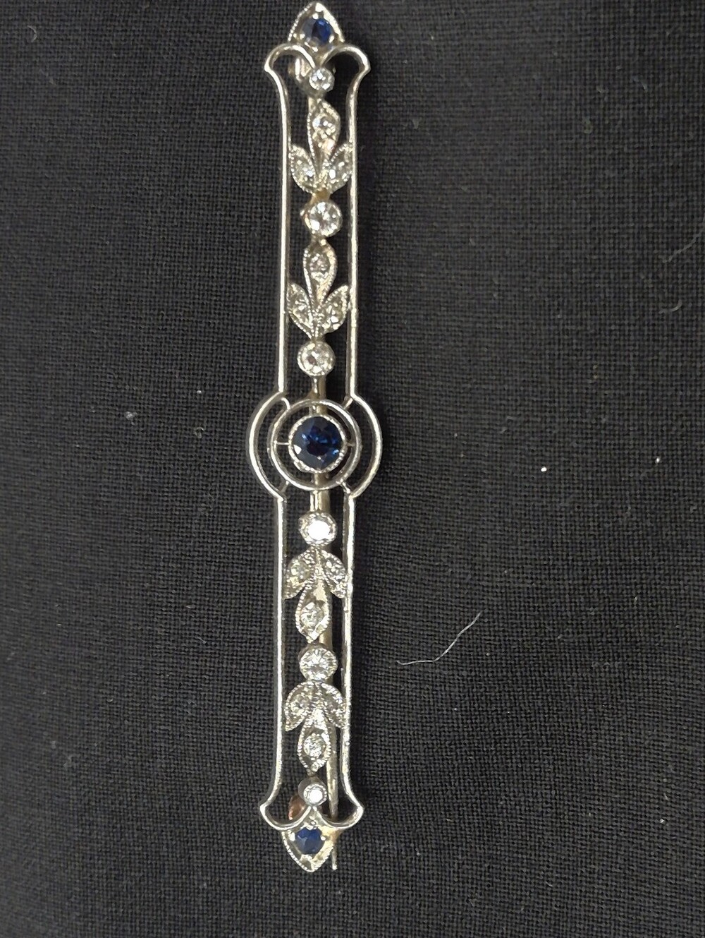 Vintage ART DECO  Sapphire & Diamond 2" Bar Pin Brooch